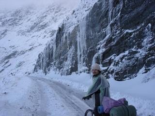 my friend Razvan climbing TransFagarasan alpine road in winter conditions